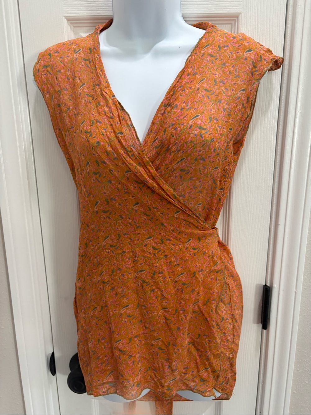 Sleeveless Orange Floral Silk Wrap Mini Dress